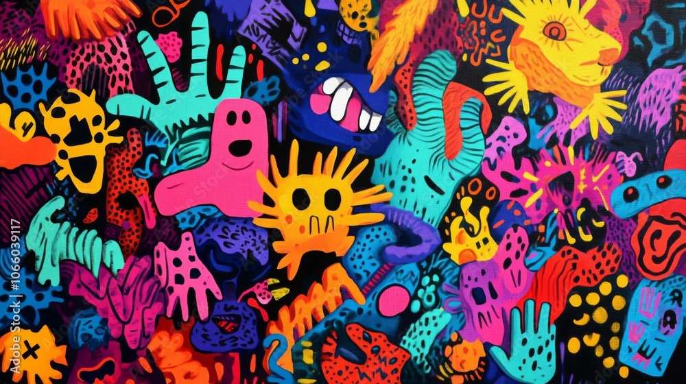 Fototapeta premium Abstract Painting with Brightly Colored Shapes and Characters