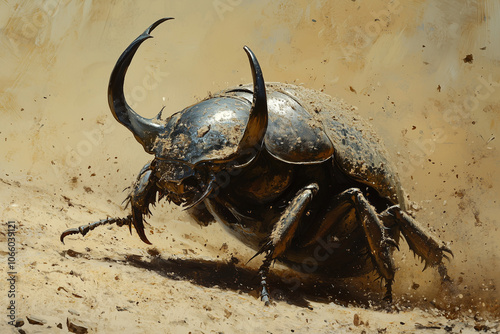 Dung Beetle with Horned Head Rolling Its Smelly Prize for Insight into Nature's Cleanup Crew photo