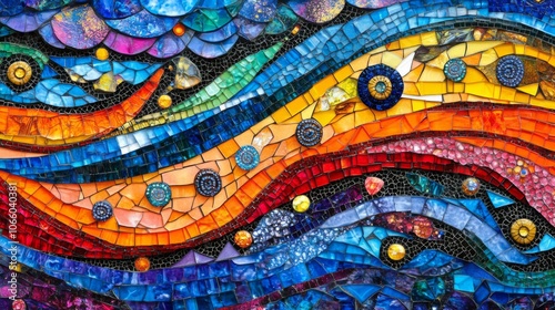 Abstract Mosaic Artwork with Wavy Lines and Vibrant Colors