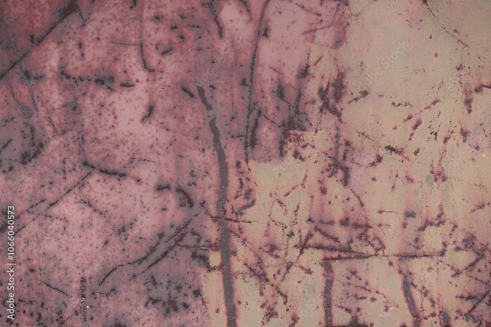 Fototapeta premium Fragment of a rusty grunge surface. Orange-green background color. Scuffs and peeling of old paint. Scratches and traces of a welding seam.