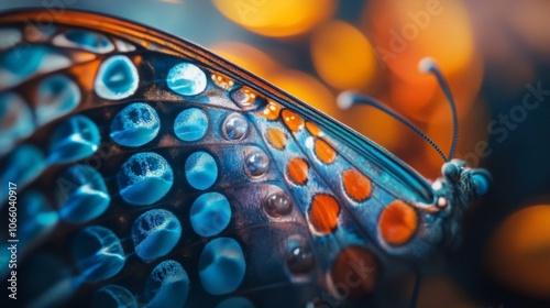 Close-up of a Blue and Orange Butterfly Wing with Circular Patterns photo