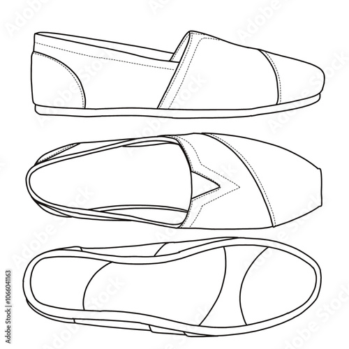 Women's Ballet Flat shoes Line art, Technical sketch hand drawing outline vector doodle illustration side, top and bottom view isolated on white background