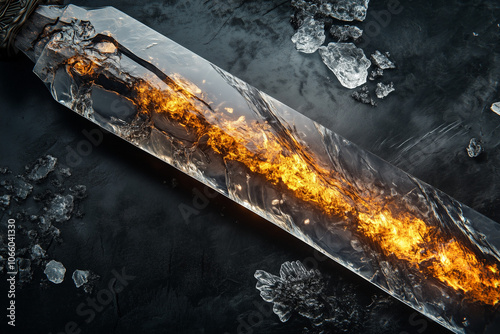 Obsidian Sword with Glossy Surface Suitable for Slicing – 3D Volcanic Glass Blade on Black Background photo