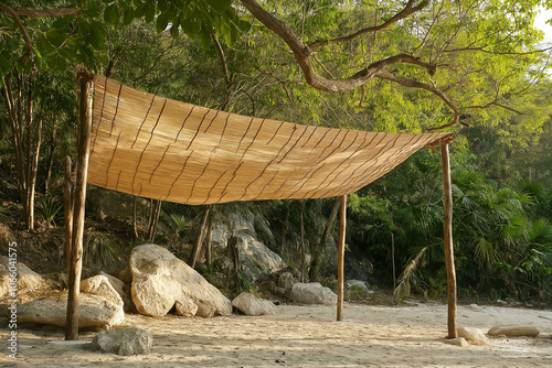 Mayan Thatched Palapa Under Tensile Fabric Canopy – Traditional Architectural Detail photo