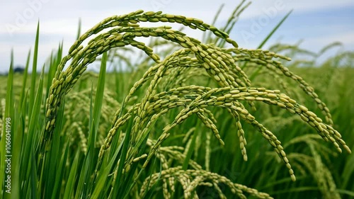 Rice stalks grow tall and full in a field under a clear sky