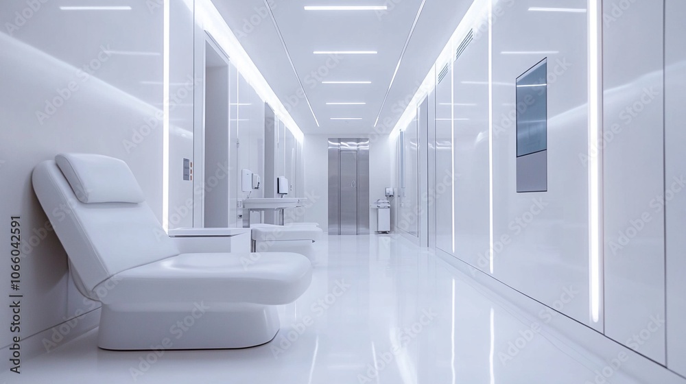 Obraz premium Futuristic white corridor in a modern medical facility, featuring sleek furniture and bright LED lighting, exuding a clean and sterile atmosphere.