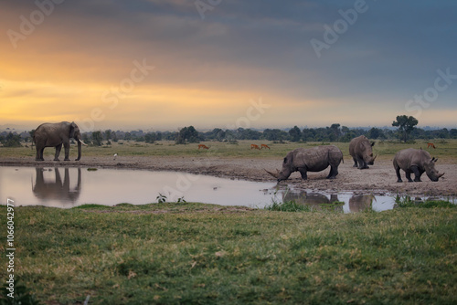 Sunset shot of Waterhole with Elephants and Three Southern White Rhinos