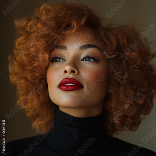 Black Ginger Woman Wearing Black Turtleneck, Dark Red Lipstick with Short Rollerset Curls, Editorial Model Shoot photo