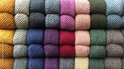 A Row of Multicolored Knitted Fabric Rolls