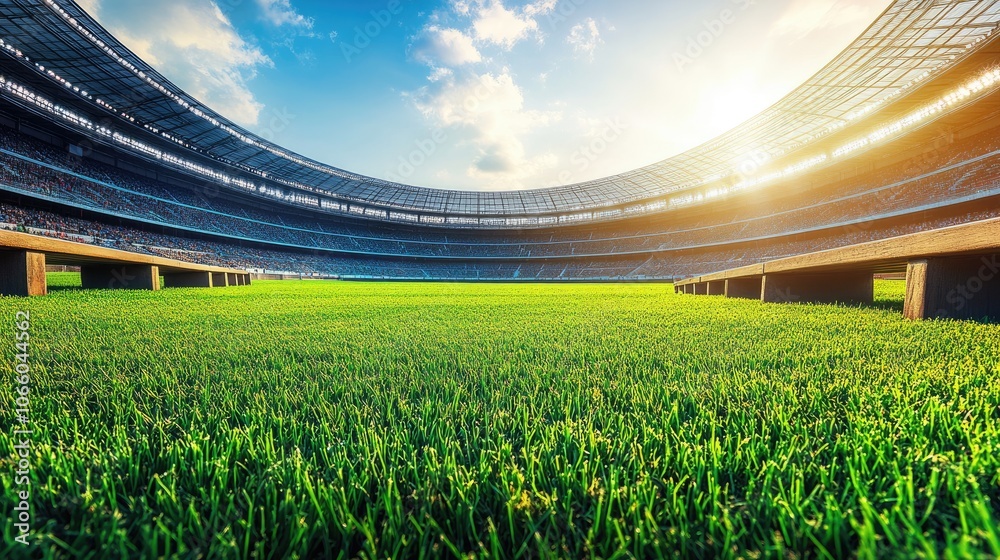 Fototapeta premium Beautiful Stadium with Lush Green Field at Sunrise