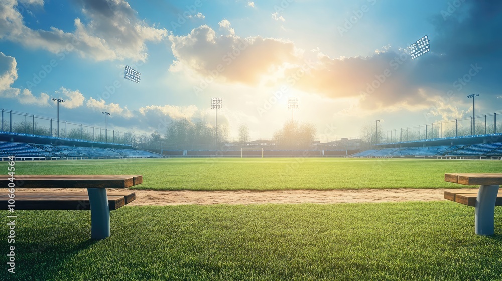 Fototapeta premium Serene Sports Field at Sunset with Benches