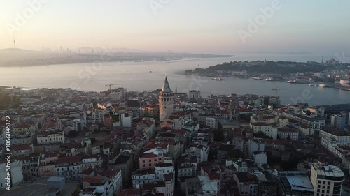 Istanbul Skyline Drone Footage Featuring Iconic Galata Tower, Bosphorus Views, and Historic Architecture in a Stunning Aerial Cityscape
