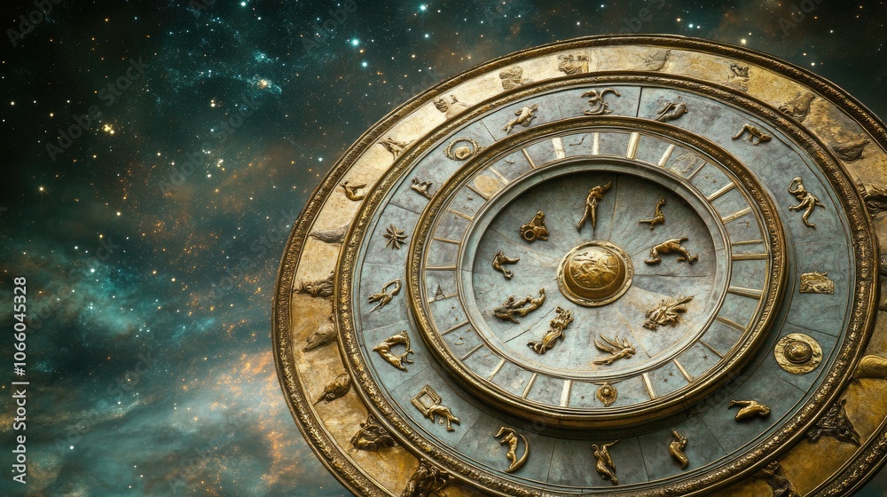 Obraz premium Celestial Zodiac Wheel Against Starry Background