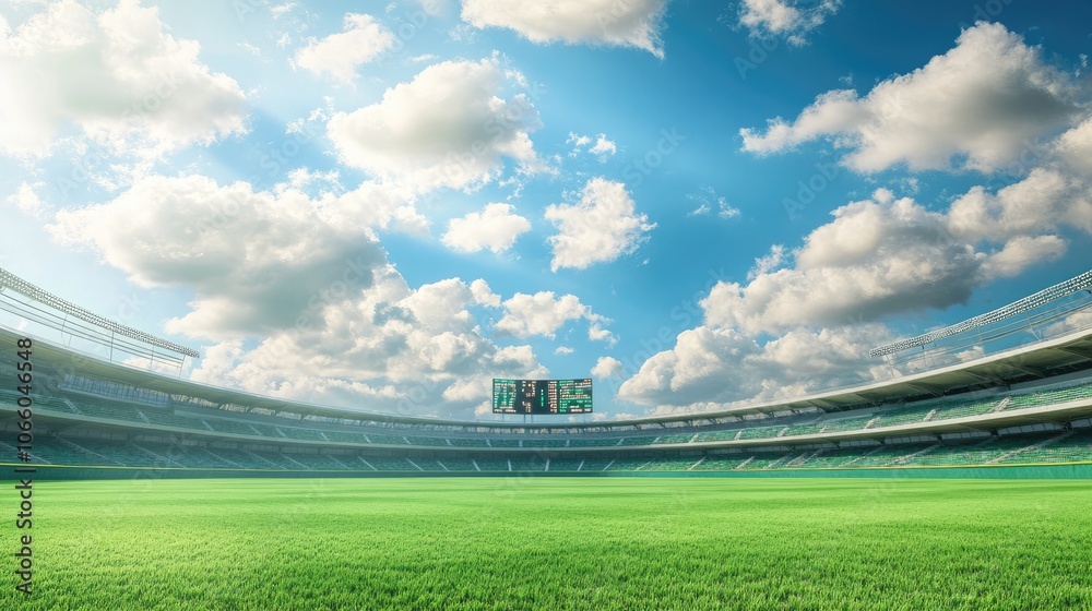 Fototapeta premium Vibrant Stadium Under Blue Sky with Fluffy Clouds