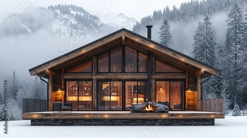 A cozy wooden cabin with large windows and a fireplace on the front porch, set against a backdrop of snow-covered mountains and a misty forest. photo