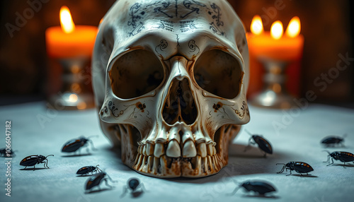 Human skull and cicadas creatures bugs for ritual selective focus. Halloween occult, esoteric and divination concept of magic. Witch craft black magic at magical altar isolated with white highlights
