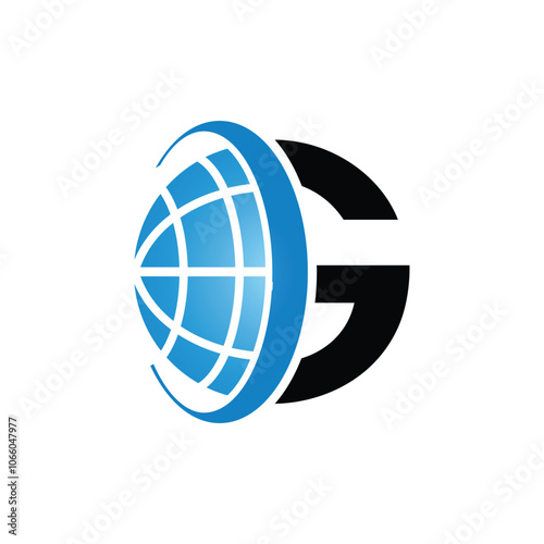 This is a flat logo design of a half globe in blue color combined with a uppercase letter G in blue with a ring