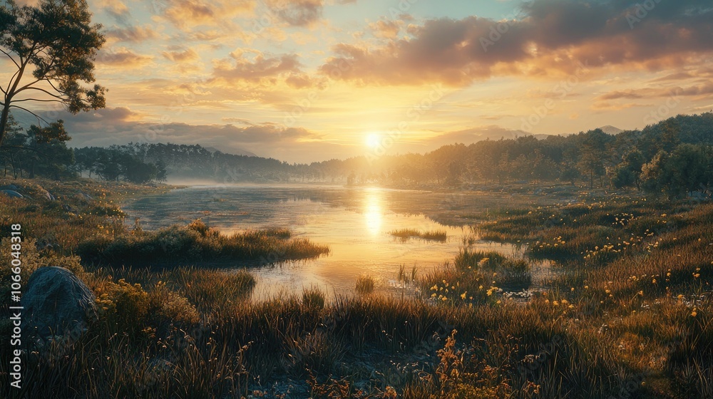 Sunset Over a Misty Forest Lake with Golden Clouds Sunset Over a Misty Forest Lake with Golden Clouds