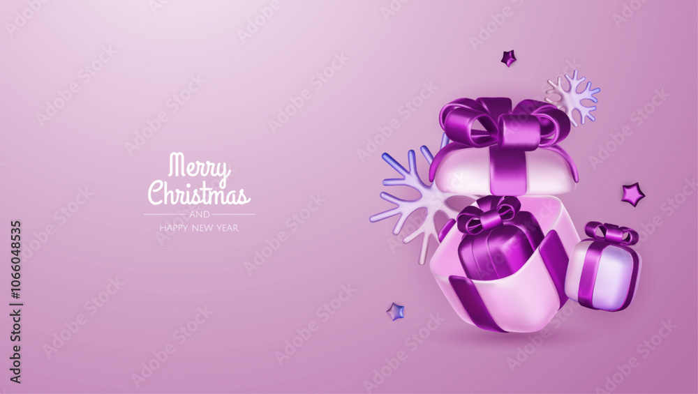 Fototapeta premium Merry Christmas and happy new year background. Christmas tree, Gift boxes, Christmas balls. Christmas element for web, banners, greeting card, template design.