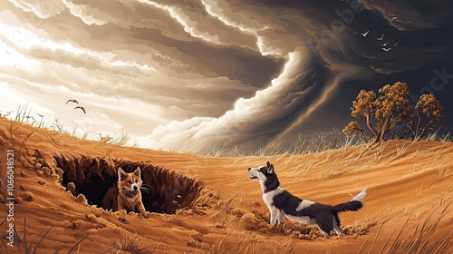 Two Dogs in a Desert Landscape with Storm Clouds photo