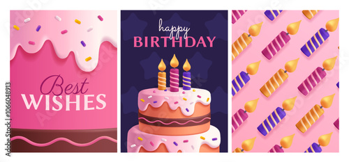 Set of Happy Birthday posters. Adorable plasticine style greeting cards with cake and wishing candles. Design for holiday celebration. 3D cartoon vector illustration collection isolated on background
