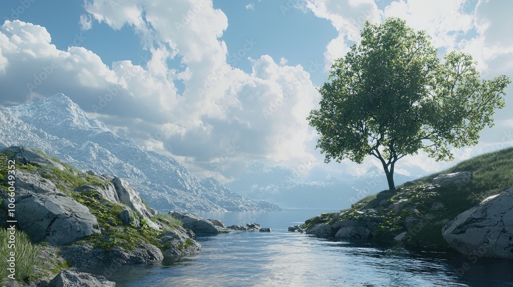 Obraz premium A solitary tree stands by a tranquil lake, overlooking snow-capped mountains under a blue sky.