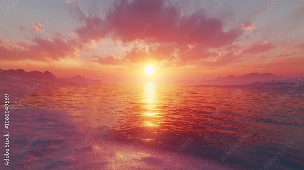 Fototapeta premium A vibrant sunset casts a warm glow over a tranquil ocean, with the sun setting behind the horizon, creating a stunning and serene landscape.