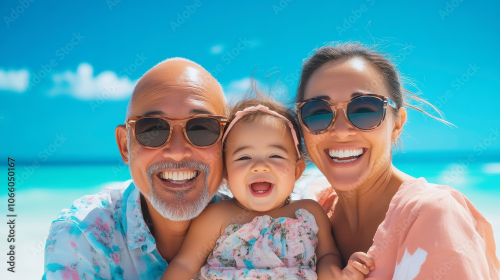 Obraz premium Happy family, laughing and piggyback at beach in summer for relax, travel and holiday in Miami. Parents, children and people at ocean with back ride for trust, vacation and bonding together by water