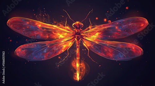 A fiery dragonfly with glowing wings against a dark background