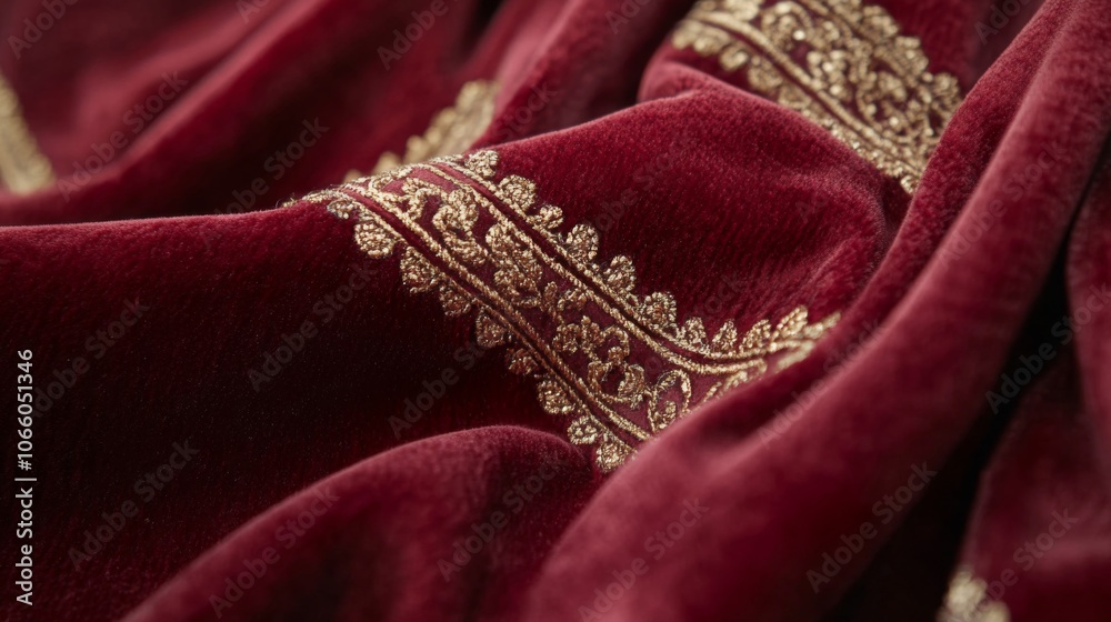 Red Velvet Fabric with Gold Embroidered Design Red Velvet Fabric with Gold Embroidered Design
