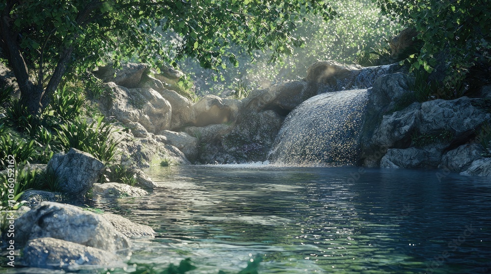 Fototapeta premium A cascading waterfall flows into a still pool of water surrounded by green foliage and rocks.