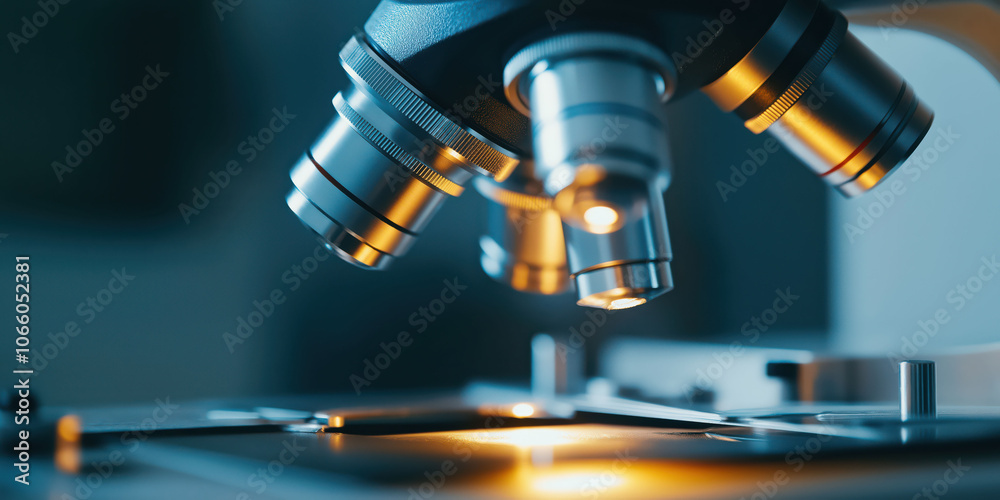 Fototapeta premium Close-up of microscope lenses illuminated in laboratory setting