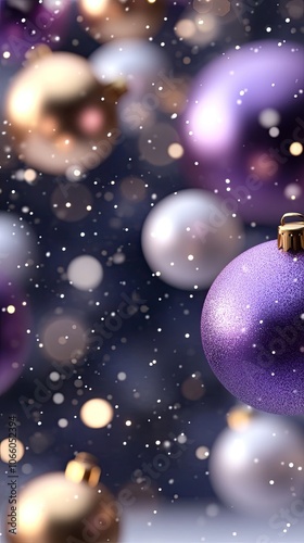 This charming Christmas backdrop includes golden ornaments, delicate snowflakes, and warm bokeh lights, perfect for seasonal greetings.