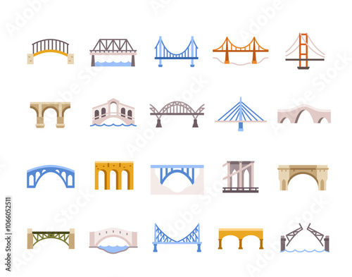 Set of Bridge icons. Colorful signs with famous bridges, suspension and stone bridges. Design element for apps and websites. Flat vector illustration collection isolated on white background
