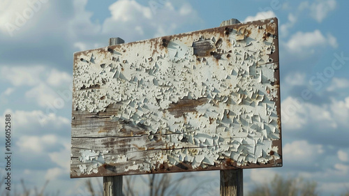 A dilapidated wooden sign with chipped paint and faint, nearly unreadable letters reflects the enduring impact of time on outdoor signage and its once vibrant history. photo