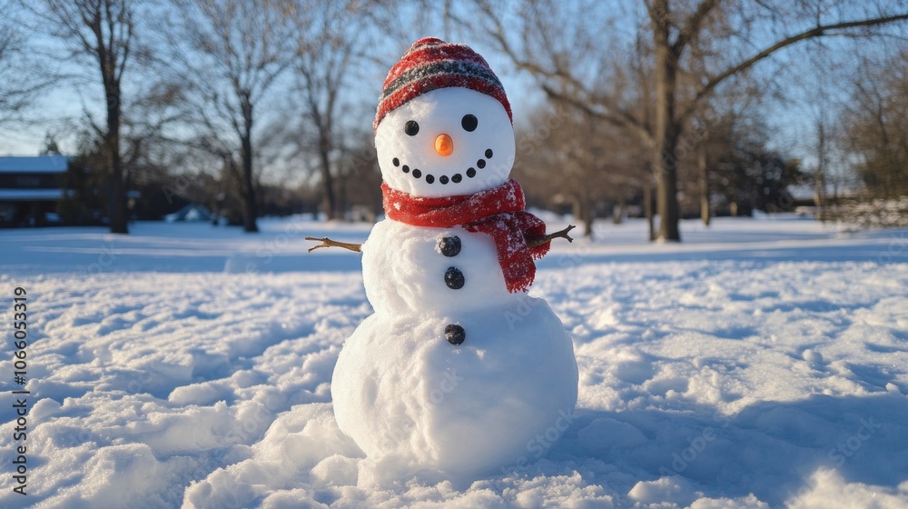 Fototapeta premium snowman in the snow at a sunrise