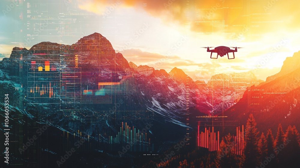 Fototapeta premium A drone flying over a mountain range at sunset with data overlay. The sky is orange and pink, and the mountains are covered in snow. The data overlay shows charts and graphs.