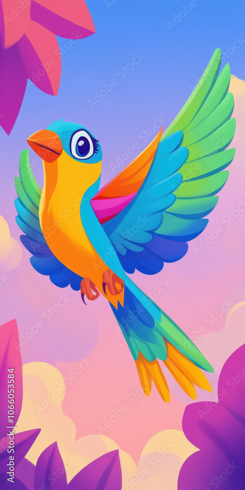 Obraz premium Vibrant Parrot in Flight Against a Colorful Sky