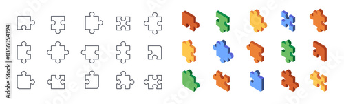 Set of Puzzle pieces. Simple linear and 3D icons with puzzles of different geometric shapes. Design elements for business. Outline and isometric vector illustration collection isolated on background