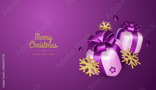 Happy New Year and Merry Christmas. Christmas holiday background with realistic 3d objects, violet bauble balls, conical metal stars, gift. Levitation falling design composition.