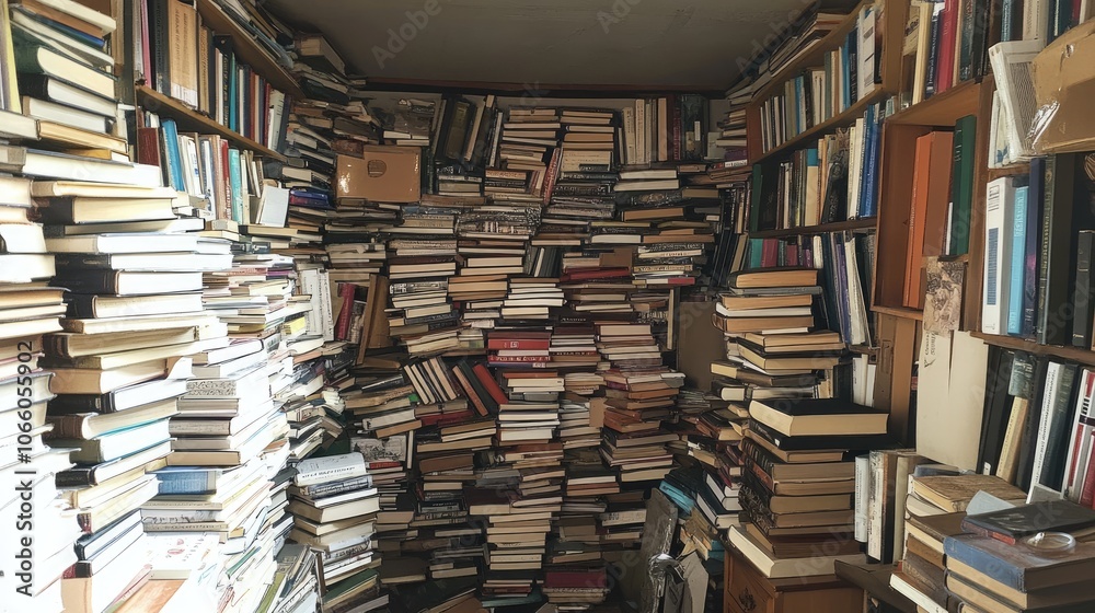 A small room overflowing with stacks of books piled high to the ceiling, with barely any floor space left, representing book hoarder disorder. A small room overflowing with stacks of books piled high to the ceiling, with barely any floor space left, representing book hoarder disorder.