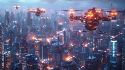 Futuristic Cityscape with Drones photo