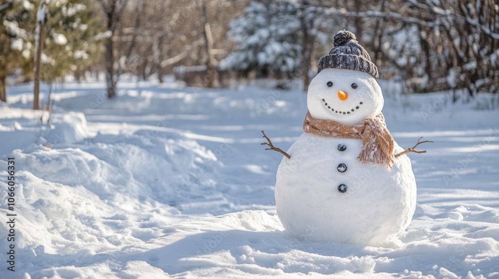 Obraz premium snowman in the snow at a sunrise