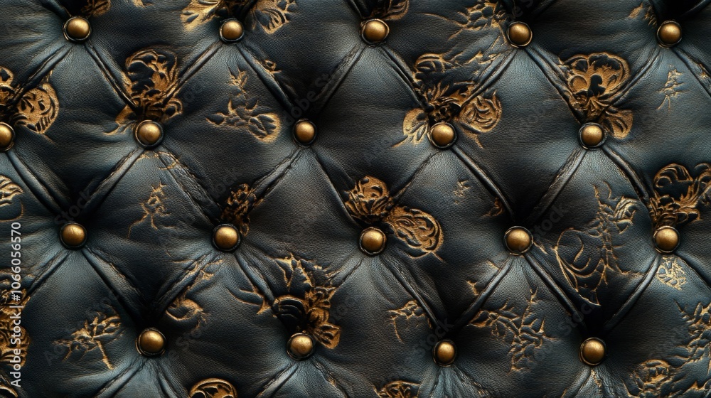 Fototapeta premium Black Leather Upholstery with Gold Floral Design and Buttons