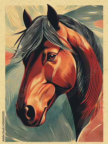 Linocut Ethereal Horse - horse, equine, animal, art, portrait, illustration, nature, wildlife, brown, mane, headshot, graphics, design, vintage, stylized, poster