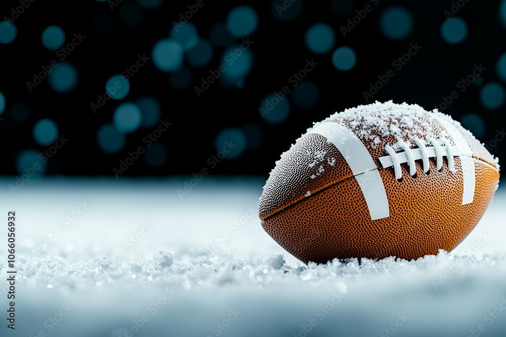 Fototapeta premium Snow-covered American football on snowy field with dark background and bokeh lights