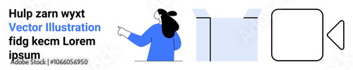 Person gesturing to the left, accompanied by an open box, and a video camera icon. Ideal for business, marketing, technology, educational, creative, digital media, and communication themes. Banner