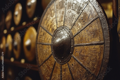 a Roman shield with distinct battle marks and engravings. photo