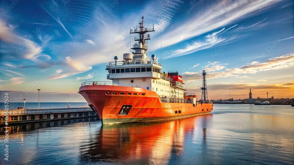 Fototapeta premium Offshore supply vessel docked at port , supply boat, harbor, marine, transportation, industry, logistics, offshore, vessel