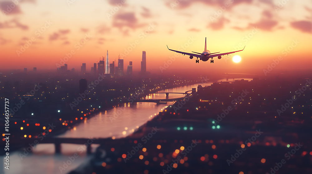 an airplane flying over the city, with a blurred background, evening light, city lights, bokeh effect, blurred sky with sunset colors, blurred river in the foreground Generative AI an airplane flying over the city, with a blurred background, evening light, city lights, bokeh effect, blurred sky with sunset colors, blurred river in the foreground Generative AI